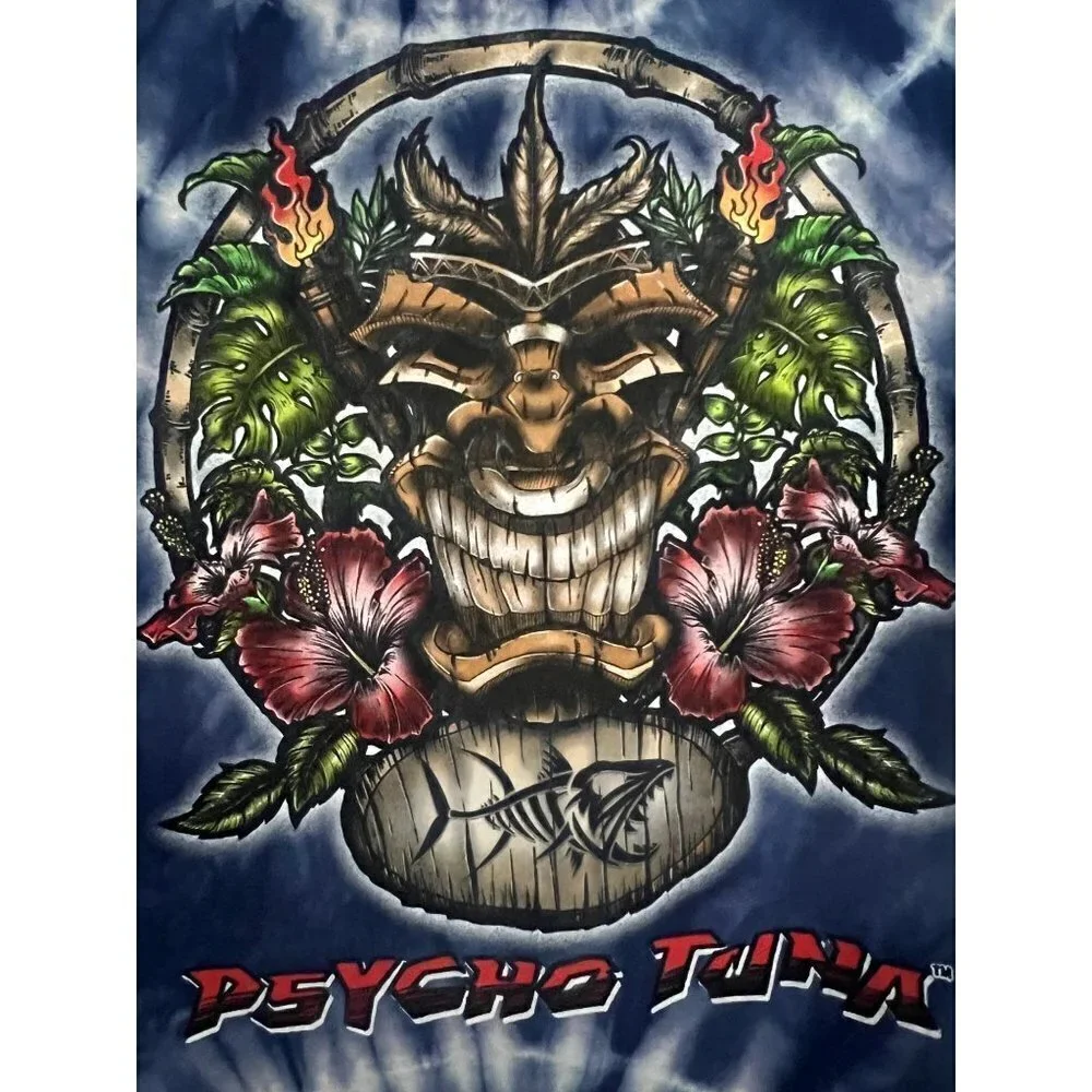 Psycho Tuna Mens Blue Floral Tie Dye Graphic Tiki T-Shirt Large All Over Print - Picture 5 of 6